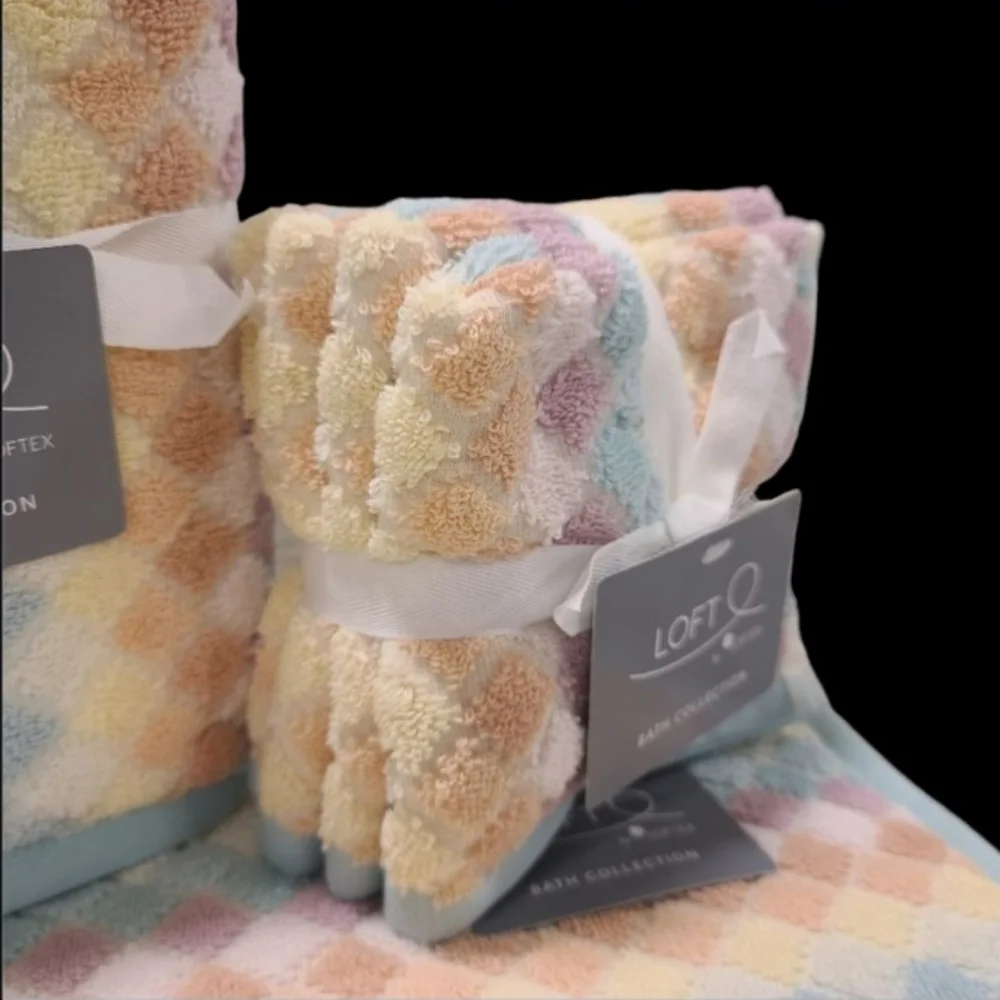 8pc Loft Summer Pastel Rainbow Diamond Check Bath Hand Washcloth Towel Set New